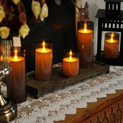 Homemory Gray Flickering Flameless Candles, Battery Operated Acrylic LED Pillar Candles with Remote Control and Timer, Halloween Decor, Set of 5