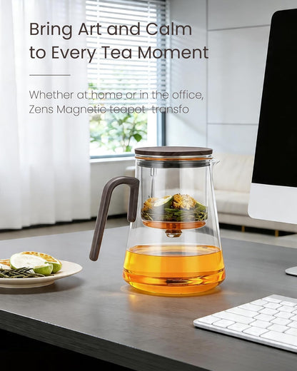 ZENS Magnetic Tea Pot, Enchanted Glass Teapot with Infuser and Magnetic Suction Lid for Mess-Free Loose Tea Diffusers, Walnut Wood Handle, Tea Lovers Gifts