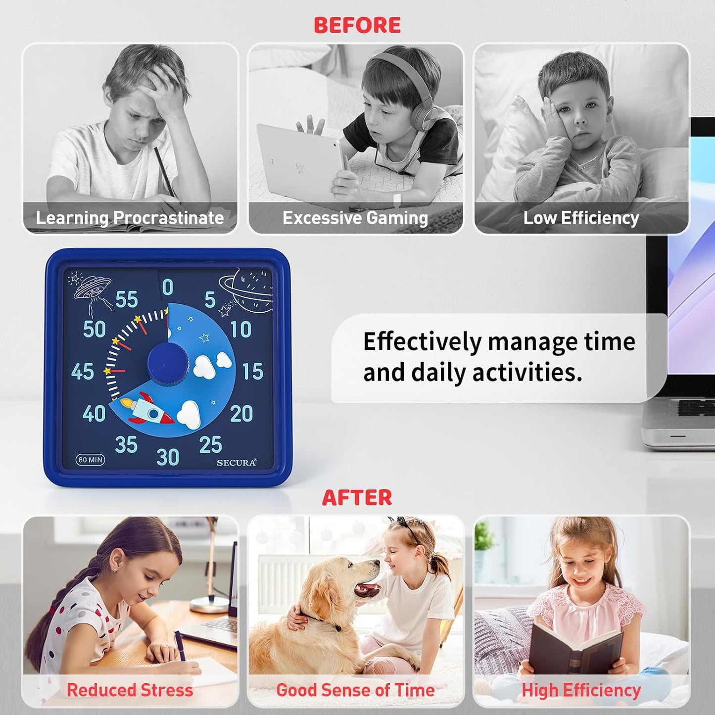 Secura 60-Minute Visual Timer for Kids, Time Clocks, Countdown Timer for Office Kitchen, Classroom Timer for Kids, Silent Time Management Tool (Navy Blue & Navy Blue)