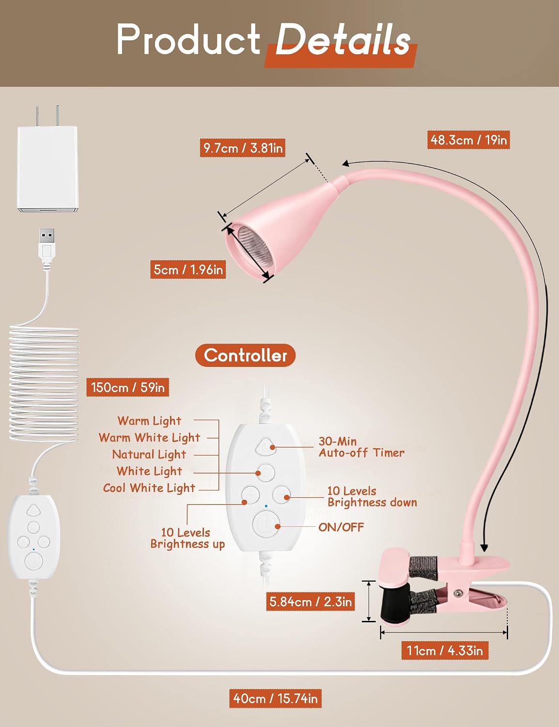 Reading Light for Book in Bed, Clip on Light Reading Lamp with Adapter, 5 Color Modes 10 Brightness, 360° Flexible Eye-Caring Clip on Desk Lamp Book Light for Reading in Bed Headboard Bedside Bedroom