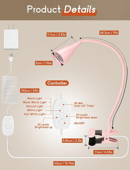 Reading Light for Book in Bed, Clip on Light Reading Lamp with Adapter, 5 Color Modes 10 Brightness, 360° Flexible Eye-Caring Clip on Desk Lamp Book Light for Reading in Bed Headboard Bedside Bedroom
