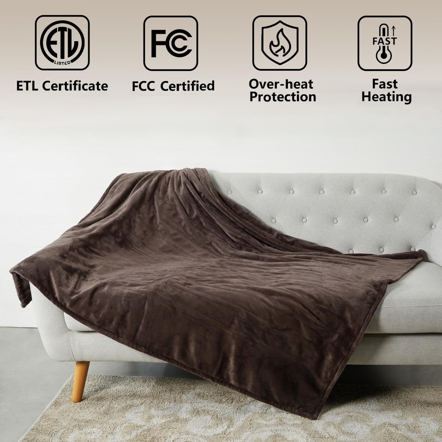 Tefici Heated Blanket Throw 50"x60", Ultra Soft 2-Layer Flannel Electric Blanket, for Home Office Sofa,3 Heat Settings, 4H Auto Off, ETL FCC Certified, Overheat Protection, Machine Washable, Camel