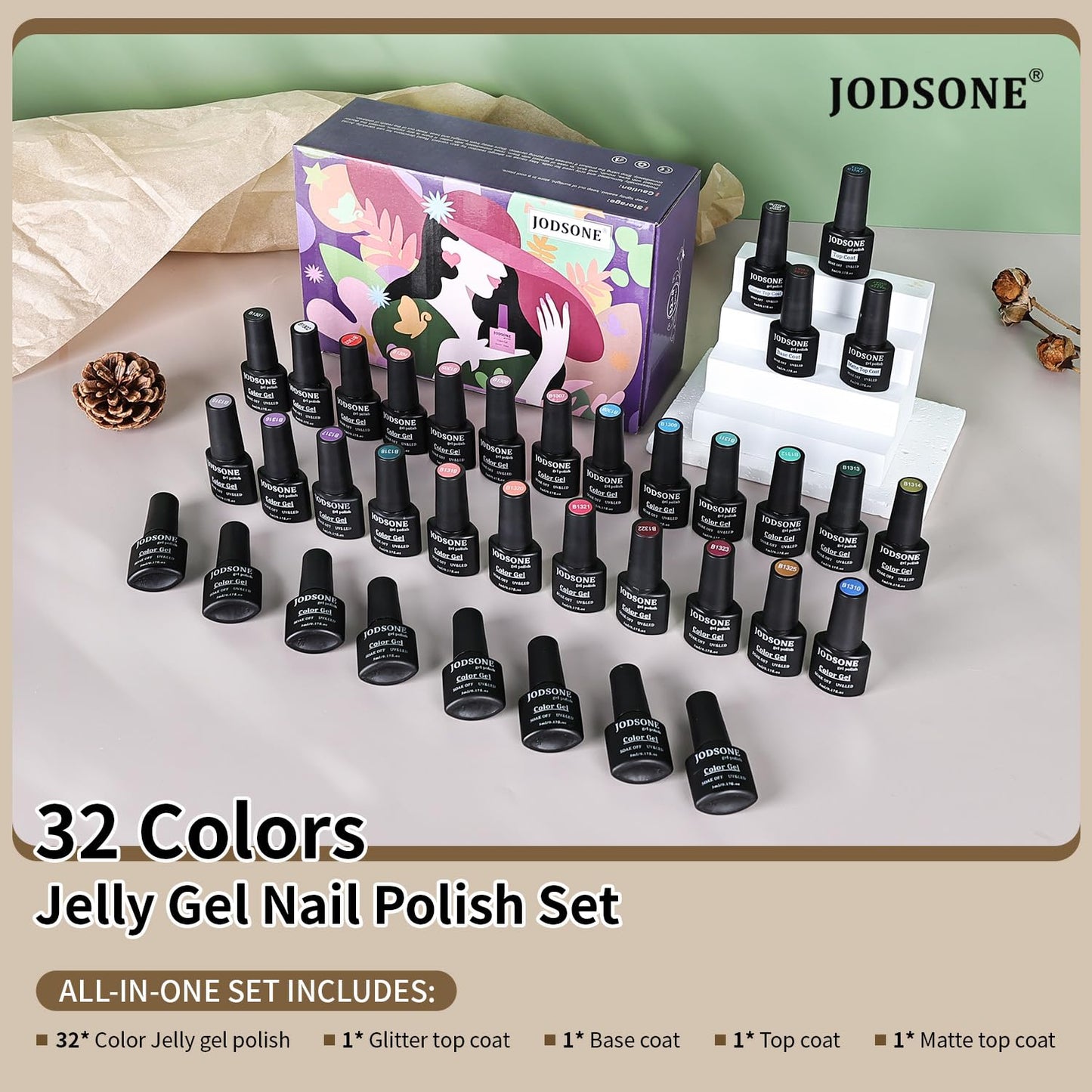 JODSONE Gel Nail Polish Kit 60 PCS with U V Light Soak off Base Top Coat 55 Shine Colors Gel Nail Kit Bright and Dark Brown Wine Red Series Manicure Set for Women and Girls