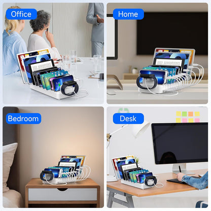 320W Charging Station for Multiple Devices, 10 Ports Fast Multi-Device Charger Organizer Compatible with MacBook Pro Laptop, iPhone, Android, Ipad, Tablet, Kindle, Family Multi-Device Charging Dock