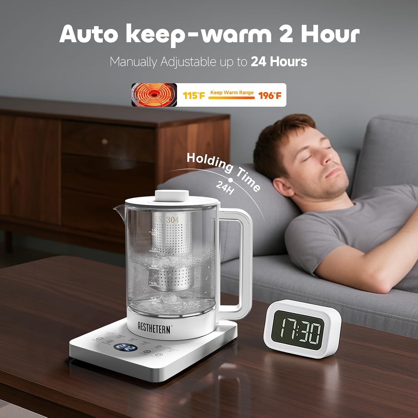 Electric Tea Kettle with Infuser Temperature Control and Automatic Shut Off 24 H Keep Warm for Coffee Water Heater and Tea Pot Glass Black 1.5L