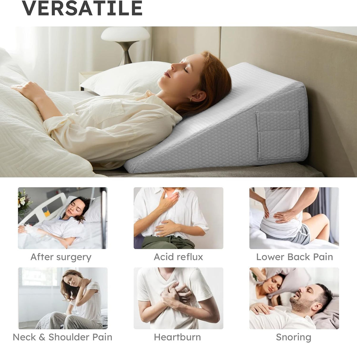 Bedluxe Wedge Pillow, 10 inch Bed Wedge Pillow for Headboard, Pillow Wedge for Acid Reflux Relief, Sleeping, Back Pain Relief, Snoring, Triangle Pillow Wedge, White/Grey