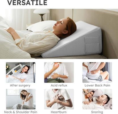 Bedluxe Wedge Pillow, 10 inch Bed Wedge Pillow for Headboard, Pillow Wedge for Acid Reflux Relief, Sleeping, Back Pain Relief, Snoring, Triangle Pillow Wedge, White/Grey