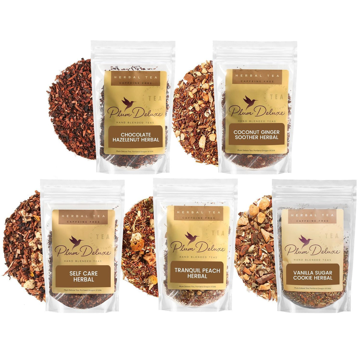 Loose Leaf Tea Sampler – 5 Caffeinated Blends Including Creme Brulee Earl Grey, Peach Oolong, Citrus Mint, Pecan and Floral Black – 75 to 100 Cups – Handcrafted in USA – Plum Deluxe