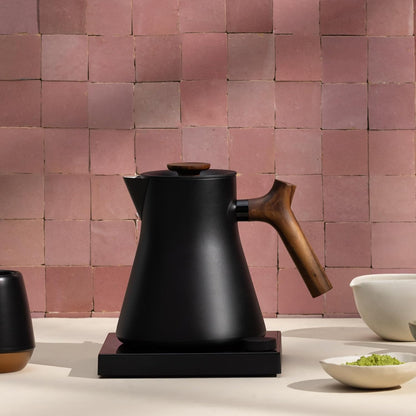 Fellow Corvo EKG Pro Electric Tea Kettle - Quick Heating, Precise Temperature Control Electric Kettle, Scheduling, Built-in Brew Timer for Boiling Water - Matte Black with Walnut Handle - 0.9 Liter