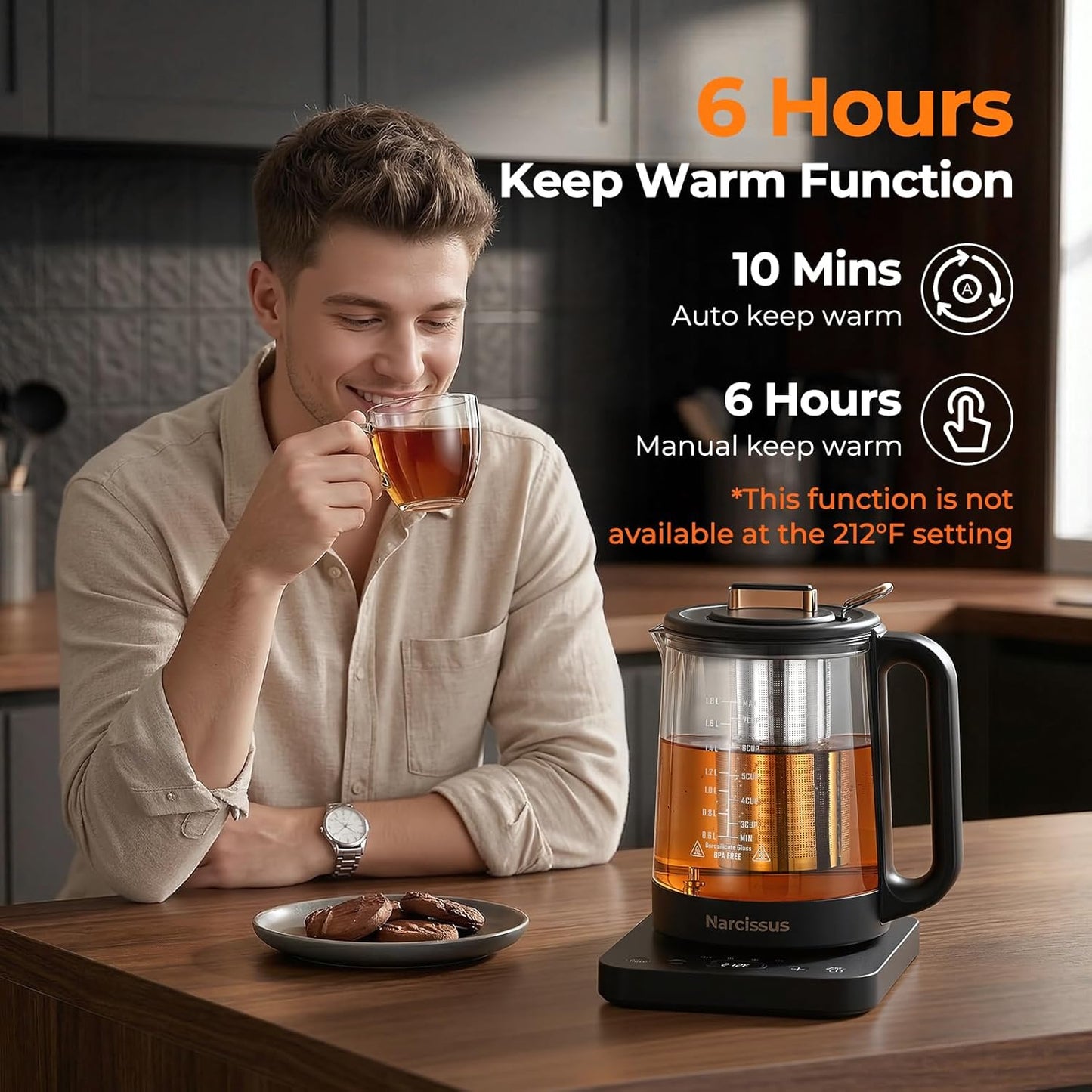 Narcissus Electric Kettle Temperature Control ±5℉, 1.8L Glass Electric Tea Kettle with Removable Infuser for Flowers & Fruit Tea, 1200W Fast Boiling, 6 Hours Keep Warming, Black