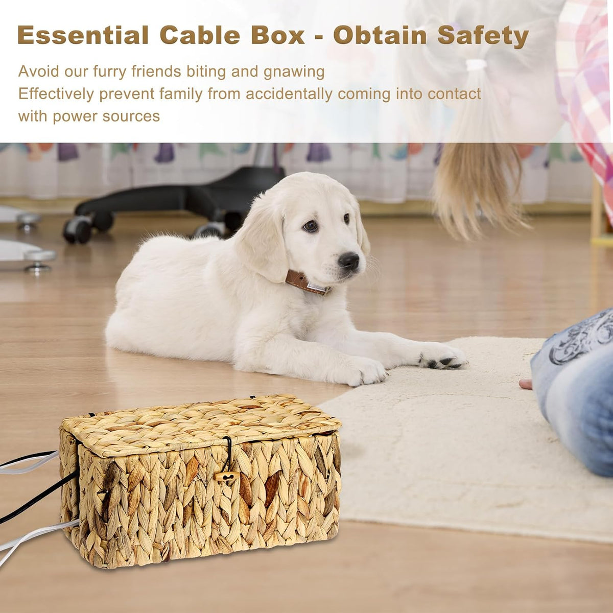 BTSKY Woven Cable Management Box with Lid Water Hyacinth Cord Organizer, S