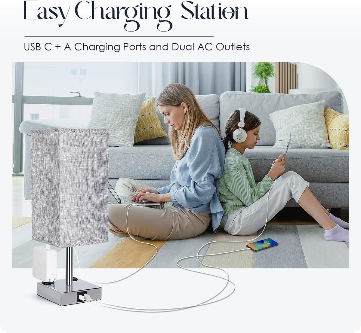 Bedside Table Lamp for Bedroom - Touch Small Lamp with USB C+A Charging Ports & AC Outlets, 3 Way Dimmable Nightstand Light for Living Room (LED Bulb Included, Grey)