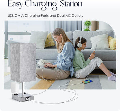 Bedside Table Lamp for Bedroom - Touch Small Lamp with USB C+A Charging Ports & AC Outlets, 3 Way Dimmable Nightstand Light for Living Room (LED Bulb Included, Grey)