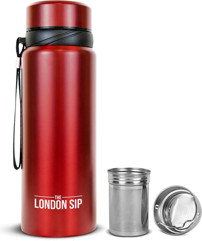 London Sip 25 oz Multi-Function Travel Mug and Tumbler Tea Infuser Water Bottle Fruit Infuser Flask Hot and Cold Double Wall Stainless Steel Coffee Thermos, Zen Black