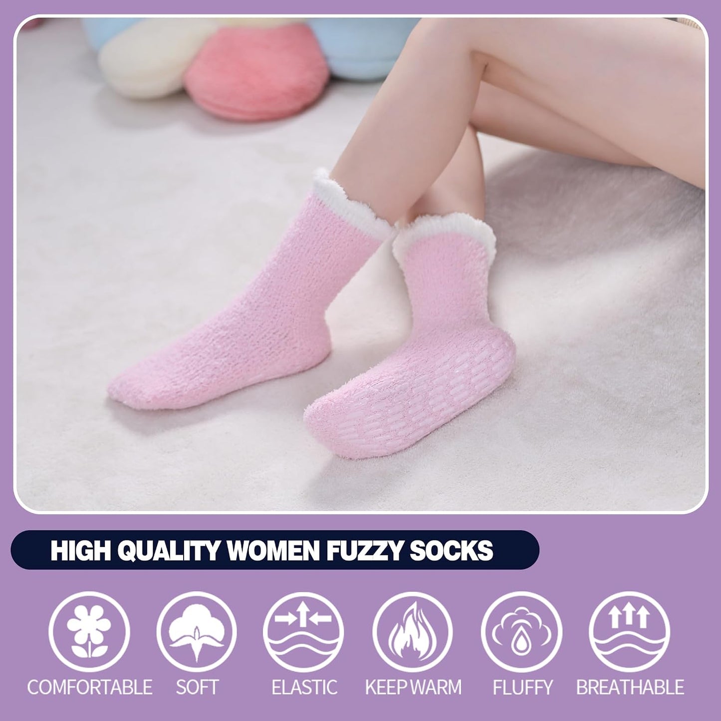 MQELONG Non Slip Hospital Socks with Grips for Women Winter Warm Cozy Fuzzy Slipper Soft Fluffy Sleep Socks