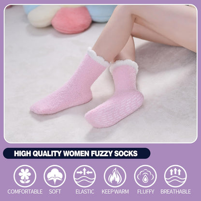 MQELONG Non Slip Hospital Socks with Grips for Women Winter Warm Cozy Fuzzy Slipper Soft Fluffy Sleep Socks