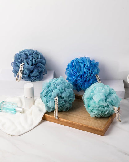 MTDLYICE Loofah Sponge, XXL Large Loofah 100g 4 Pack, Bath Sponge Soft Mesh Shower Loofah for Men, Body Scrub, Shower Pouf Bath Accessories, for Body Wash, Soap (Blue Gray)