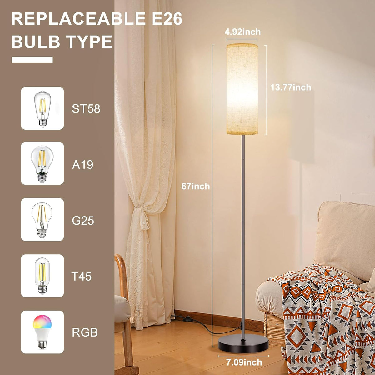 FRIDEKO HOME Floor Lamp, 9W 800LM Color Changing Smart Bulb, Beige Shade