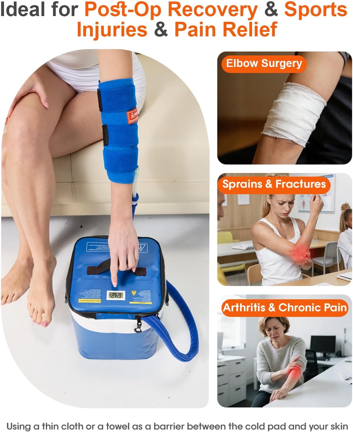 Cold Therapy Machine for Elbow, Ice Machine for Tennis Elbow&Post-Surgery Recovery, Cryotherapy Device with Temp Display & 3 Flow Modes, Adjustable Elbow Wrap for Arthritis, Bursitis, Swelling Relief