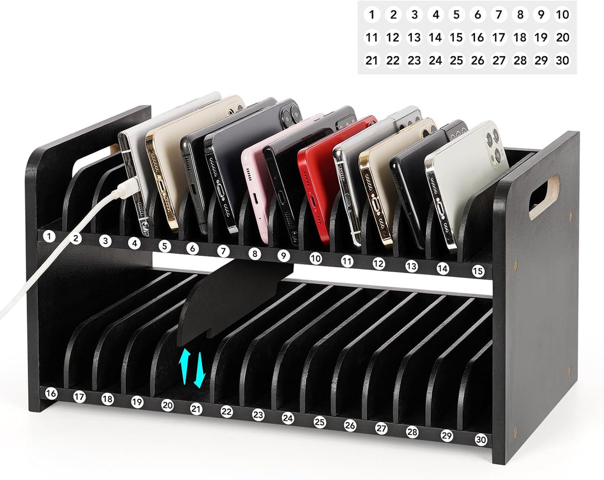 30 Slots Wooden Classroom Cell Phone Holder Stand with 1-30 Number Stickers