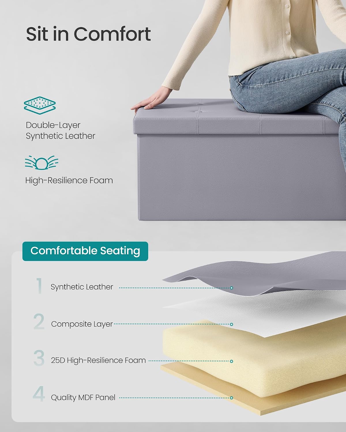 SONGMICS MAZIE Collection - 43 Inches Folding Storage Ottoman Bench, Ottoman with Storage, Foot Rest Stool, Load 660 lb, for Living Room, Synthetic Leather, Black ULSF701