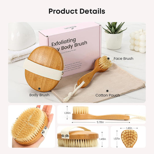 eaxun Bamboo Dry Brushing Body Brush Set, Firm Natural Boar Bristle, 2 Pack