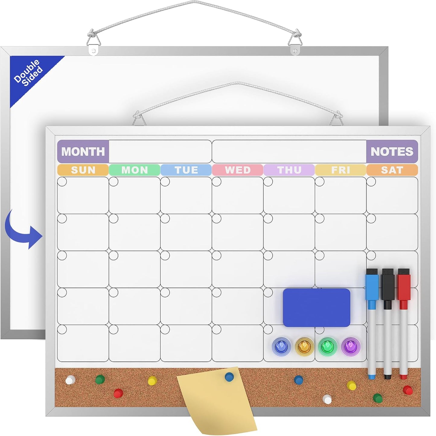 Monthly Calendar Dry Erase Board 16x12 Inch, Double-Sided Whiteboard and Corkboard Combo, Wall Mounted Planner Organizer with Markers, Magnets, Push Pins, Eraser, for Home Office School