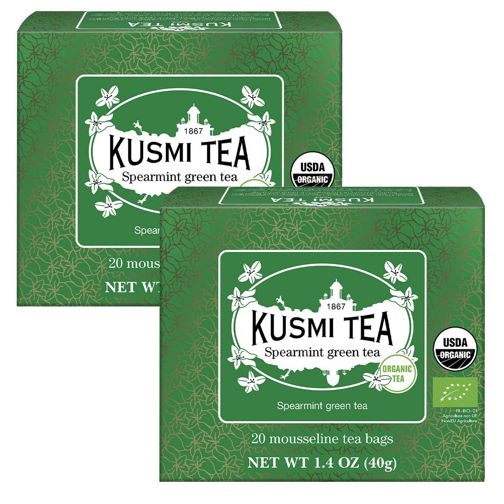 Kusmi Tea - Pack of 2 Boxes of Tea Bags - Spearmint Green - Organic Blend of Gunpowder Green Tea with Mint - Peppermint Tea - Enjoy Hot or Ice - Organic Flavored Green Tea - 2x20 Tea Bags