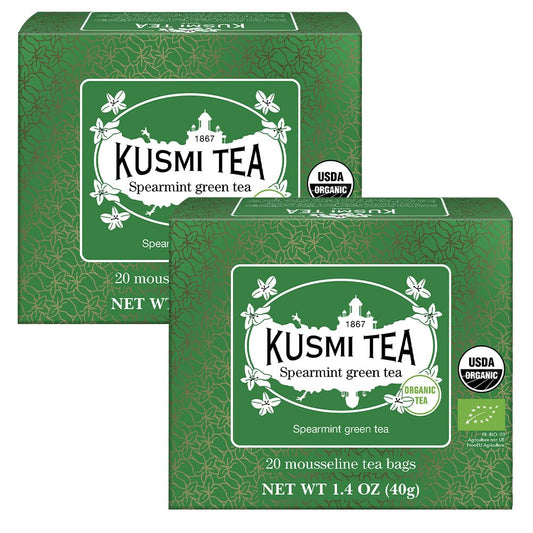 Kusmi Tea - Pack of 2 Boxes of Tea Bags - Spearmint Green - Organic Blend of Gunpowder Green Tea with Mint - Peppermint Tea - Enjoy Hot or Ice - Organic Flavored Green Tea - 2x20 Tea Bags