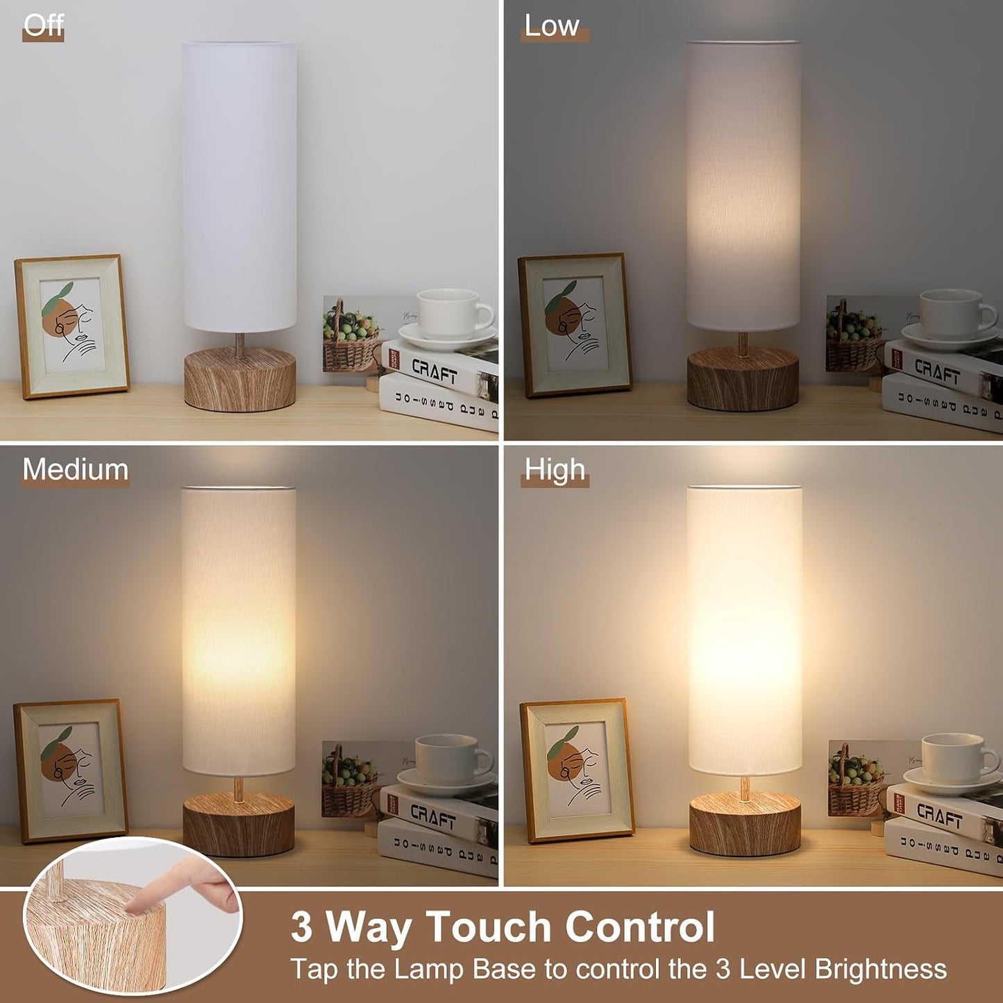 Touch Table Lamp, 3-Way Dimmable Modern Minimalist Accent Bedside Lamp with Cylinder Fabric Shade, Night Light Nightstand Desk Lamp for Bedroom Living Room Kitchen, 9W LED Bulb Included