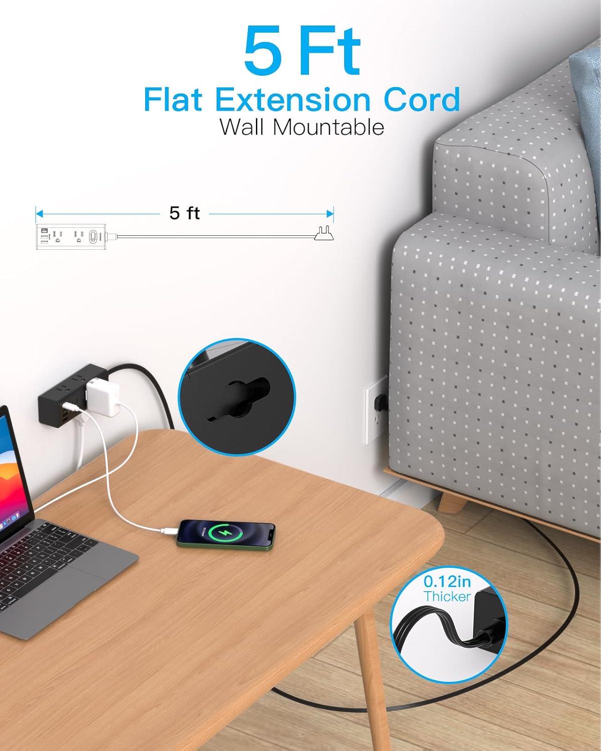 One Beat 10Ft Extension Cord with Multiple Outlets,Flat Plug Power Strip