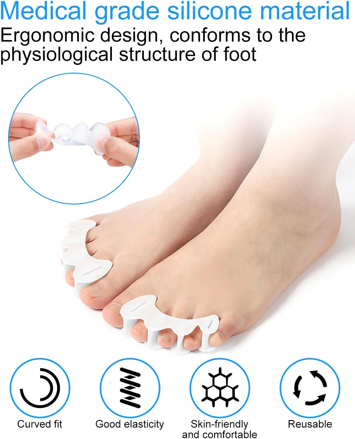 2 Pair Bunion Toe Separators Toe Spacers for Feet Women Men to Correct Their Toes, Foot Alignment, Silicone Toe Spreaders Toe Straightener for Hammertoe, Curled Toes (M, 2 Firm+2 Soft)