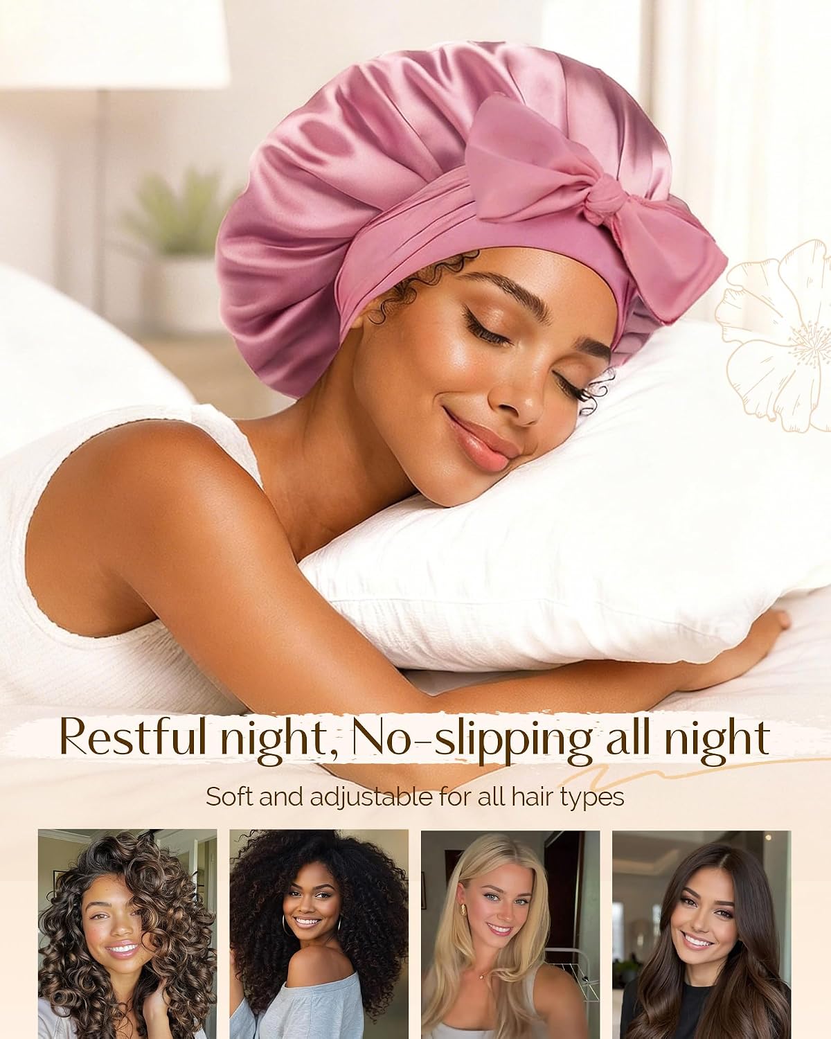 YANIBEST Adjustable Double Layer Satin Bonnet, Silk Hair Bonnet for Sleeping with Elastic Tie Curly Natural Hair Reduce frizz