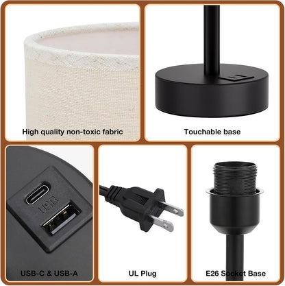 Dicoool Touch Bedside Table Lamp with USB - 3 Way Dimmable Wood Lamp for Bedroom Nightstand, Desk Lamp with Charging Station for Dorm, Living Room, Office, Kids Room, Small, 14in