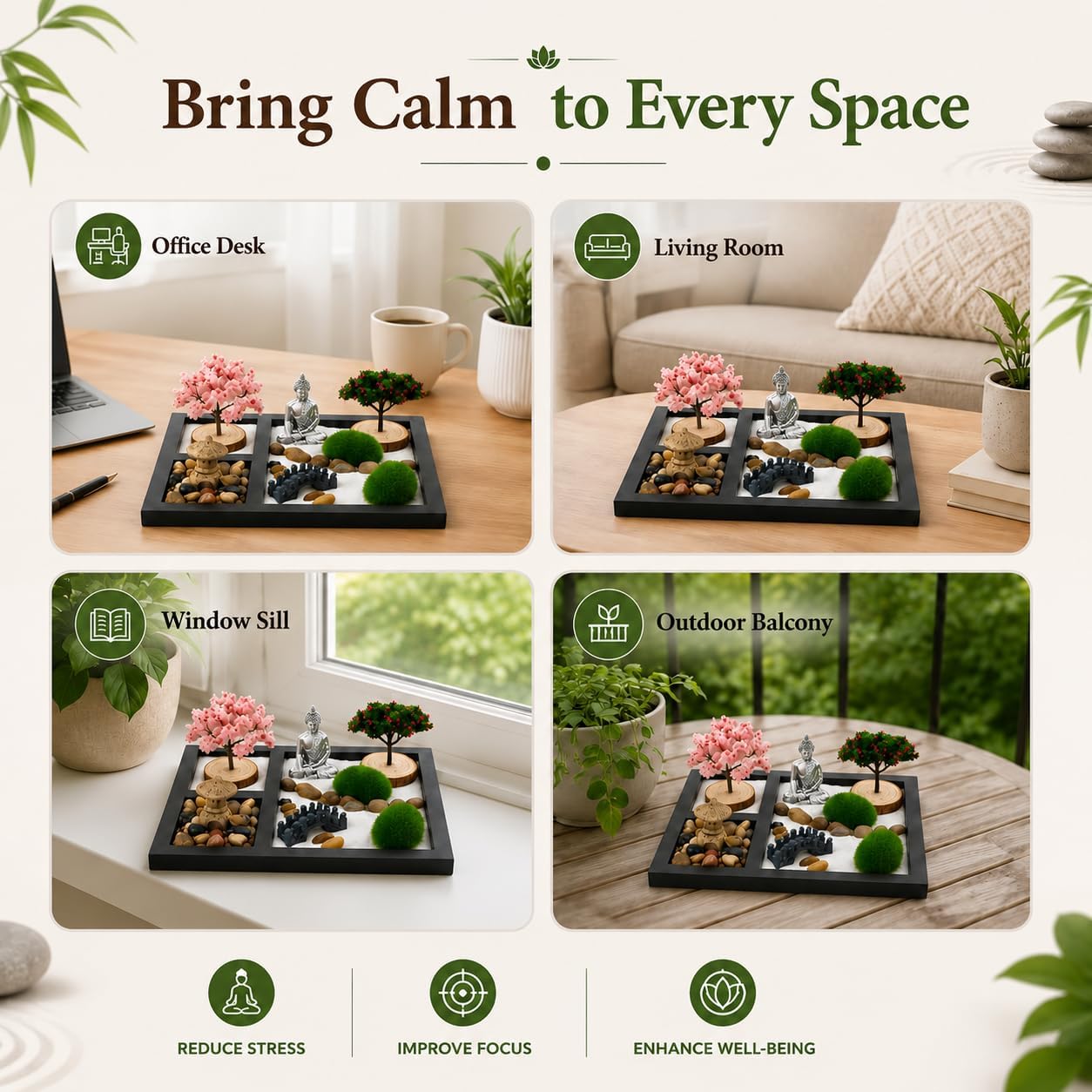 Zen Garden for Desk - Tabletop Sand Garden Kit - Mini Sand Tray Decor - Black Display Tray with Buddha Ornament, Pebbles and Moss Accents - Suitable for Office Desk Decoration and Home Decor