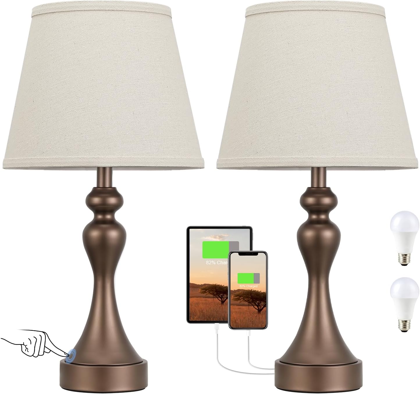 Seealle Touch Lamps for Nightstand - Bedside Lamps Set of 2, 3 Way Dimmable, USB C+A for Bedroom & End Tables (LED Bulbs Included)