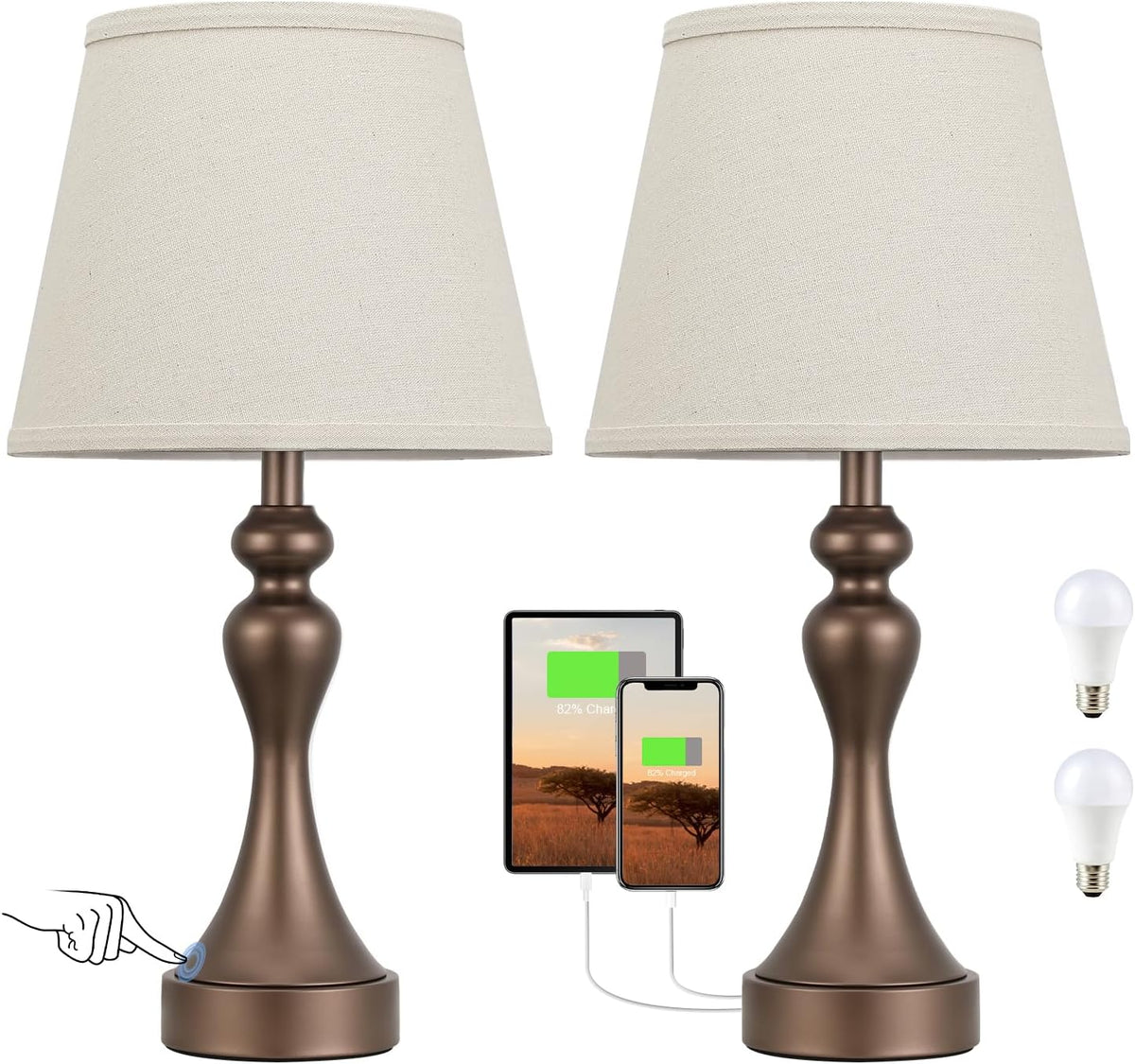 Touch Lamps for Nightstand, 3 Way Dimmable Bedside Lamps with USB C+A Ports