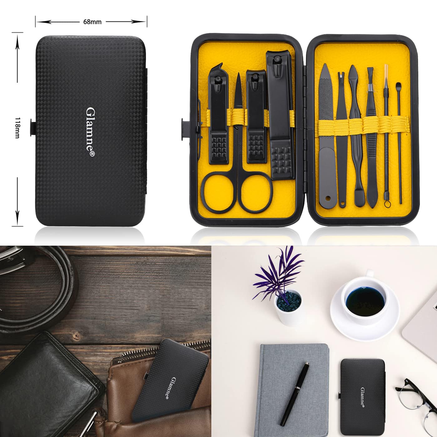 Glamne Manicure Set Nail Clippers Kit Professional Stainless Steel Nail Care Tools with Leather Travel Case 10 in 1 Black
