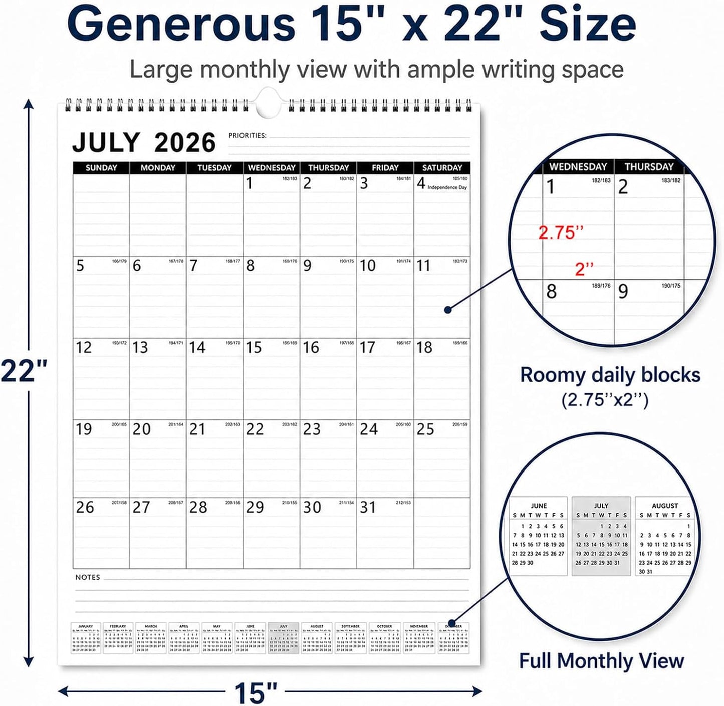 Large Wall Calendar 2026-2027, 18-Month Wall Calendar from July 2026 to December 2027, 15" x 22" 2026 Wall Calendar with Spacious Blocks, Julian Dates, Habit Tracker & Full-Year Reference for Home Office School Colorful