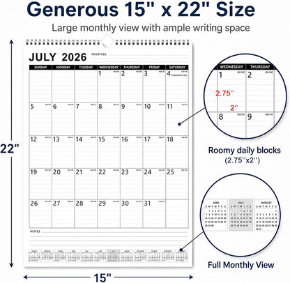 Large Wall Calendar 2026-2027, 18-Month Wall Calendar from July 2026 to December 2027, 15" x 22" 2026 Wall Calendar with Spacious Blocks, Julian Dates, Habit Tracker & Full-Year Reference for Home Office School Colorful