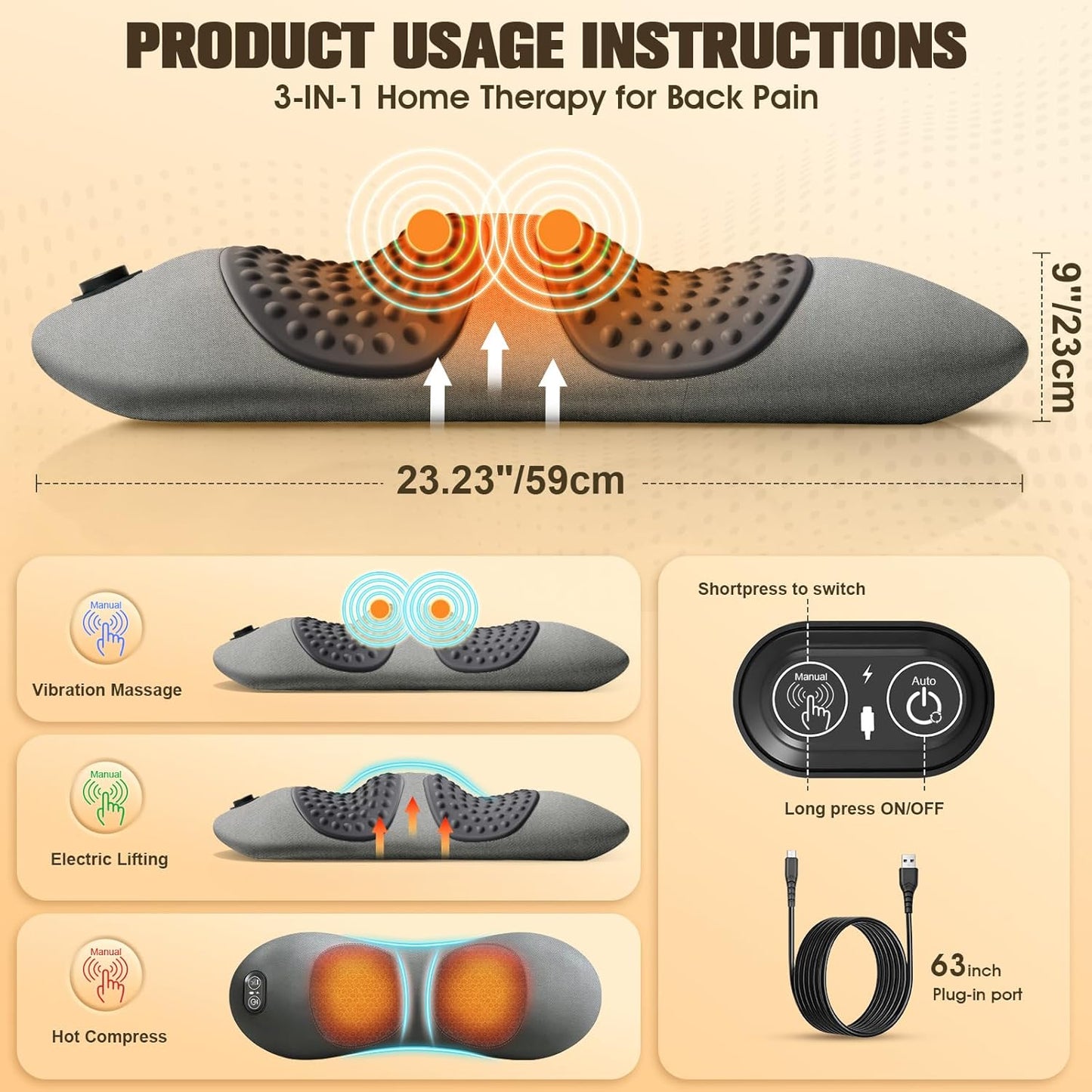 3-in-1 Electric Lumbar Support Pillow,Triple Fusion Back Massager with Heat,Vibration&Traction,Back Support Pillow for Bed and Chair,Lumbar Support Pillow for Lower Back Pain Relief&Spine Support-Gray