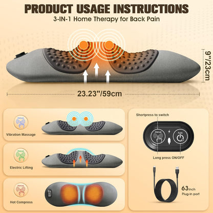3-in-1 Electric Lumbar Support Pillow,Triple Fusion Back Massager with Heat,Vibration&Traction,Back Support Pillow for Bed and Chair,Lumbar Support Pillow for Lower Back Pain Relief&Spine Support-Gray