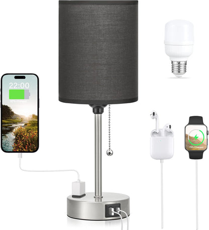 Small Bedside Table lamp for Bedroom - 3 Color Temperatures Bedside Lamps with USB C and A Ports, Pull Chain Table Lamps with AC Outlet, White Nightstand Lamps with Black Metal Base for Kids Reading