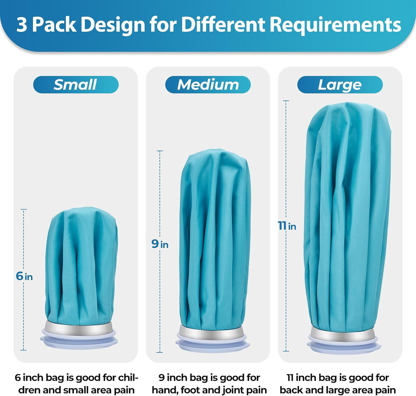 Ice Bags for Injuries Reusable: Ohuhu 3 Packs Ice Cold Packs with Wrap Ice Bag Hot Water Hot & Cold Therapy Pain Relief for Knee Leg Injury No-Leak Waterproof Ice Bags 3 Sizes 6"/9"/11", Blue