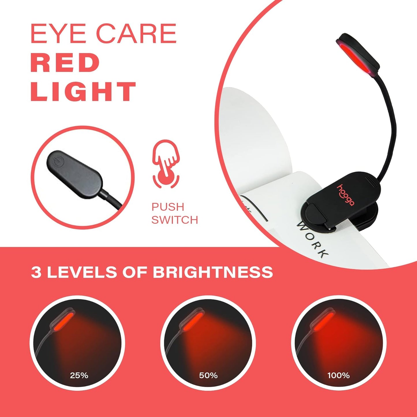 hooga Amber Book Light – Blue Light Blocking Reading Light for Bed, Stepless Dimming, Rechargeable Clip-On Night Light, 1600K Amber & 625nm Red LED for Night Reading