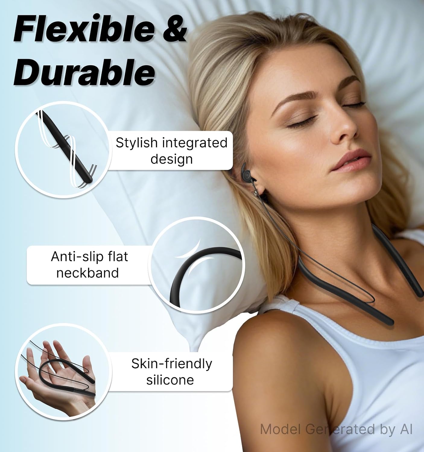 Hmusic HS88 Sleep Earbuds for Side Sleepers – Ultra-Thin Silicone Neckband Headphones, 30dB Noise Isolation, 12H Battery Life with Sleep Timer, Secure Fit for Yoga, Travel, Audiobooks & Meditation