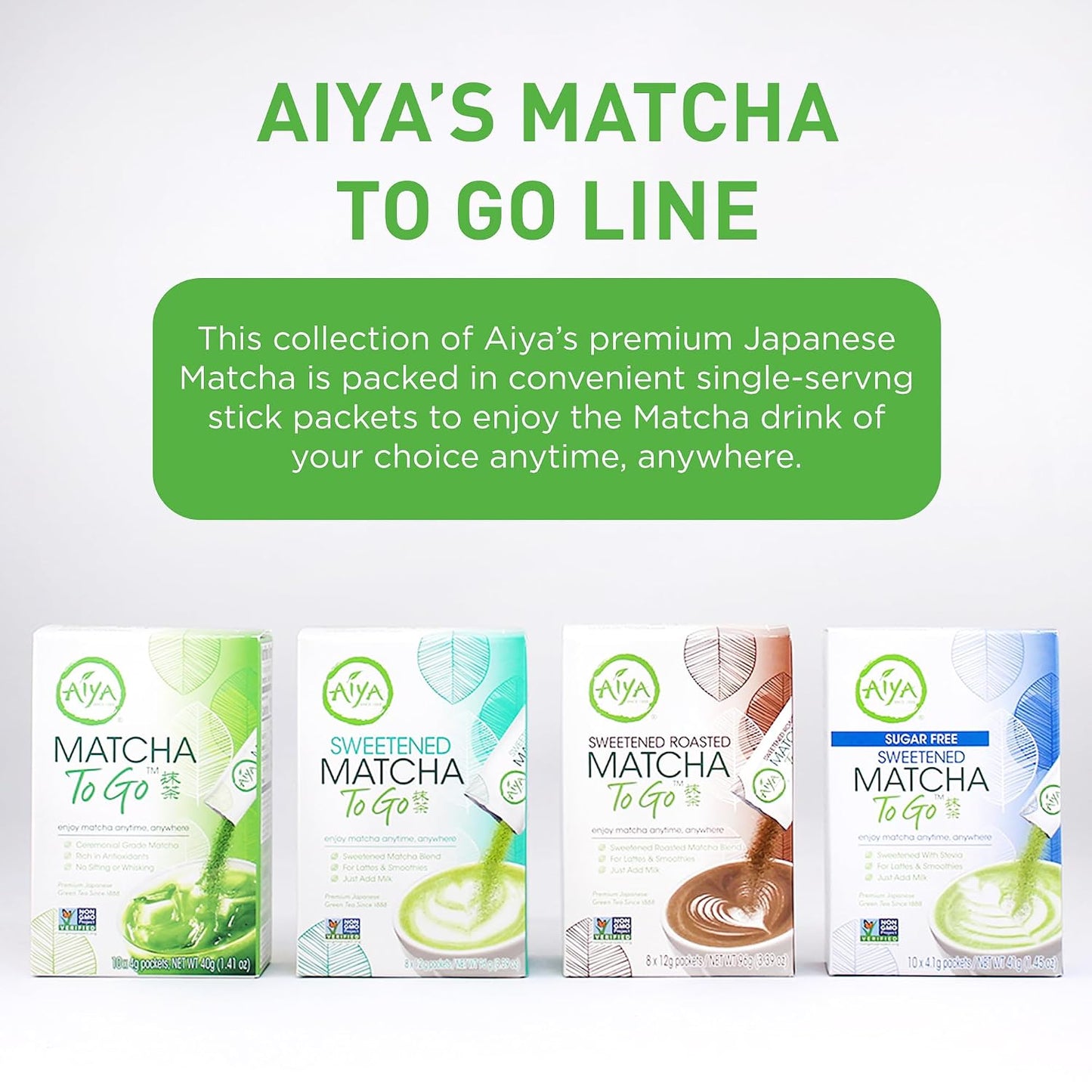 Aiya Japanese Sweetened Matcha Powder to Go Sticks - Ceremonial Grade, Vegan-Friendly, Gluten-Free - 8 Individually Packed Single-Serving Sticks for Freshness and Convenience