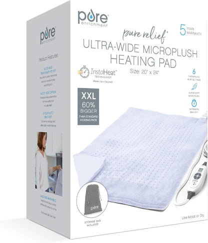 Pure Enrichment PureRelief Ultra-Wide Microplush Heating Pad - 20” x 24” XXL Size & 6 Heat Settings for Temporary Neck, Shoulder & Back Pain Relief - Moist Heat Option & Machine Washable (Gray)