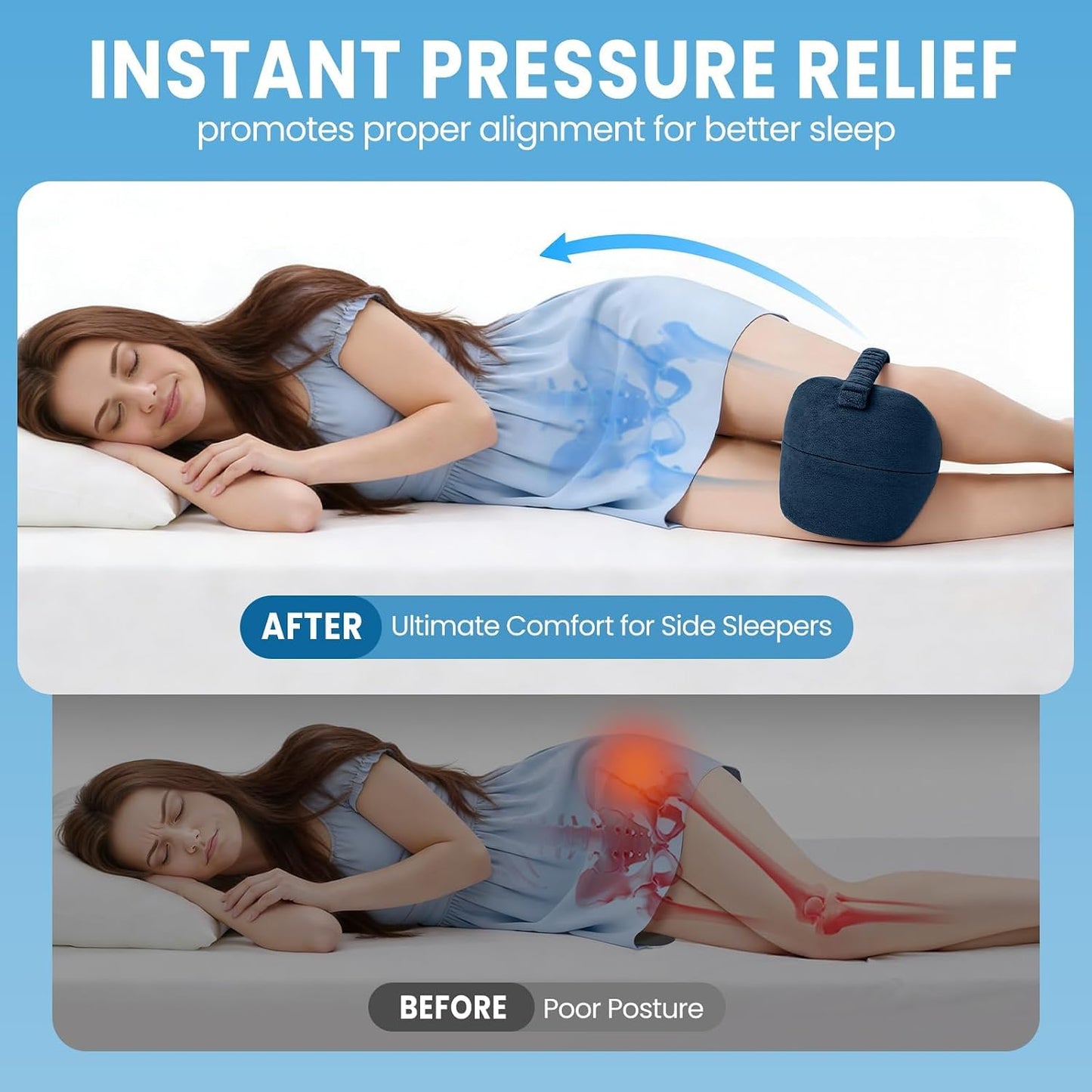 Knee Pillow for Side Sleepers with Strap, Supportive Memory Foam Leg Pillow for Side Sleeping & Spine Support, Ergonomic Curved Design for Hips and Back, Light Grey