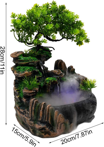 11-Inch Tabletop LED Waterfall Fountain with Mist Effect – Quiet Resin Rockery Indoor Fountain for Bedroom, Office, Meditation & Home Décor